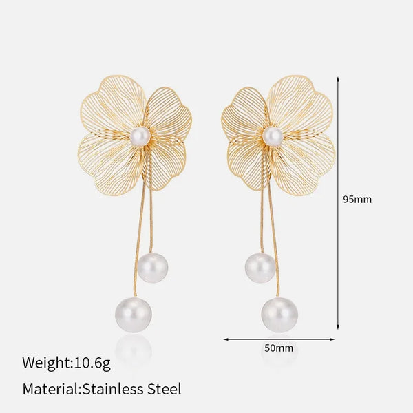 1 Pair Elegant Flower Plating Hollow Out Inlay 304 Stainless Steel Pearl 18K Gold Plated Drop Earrings