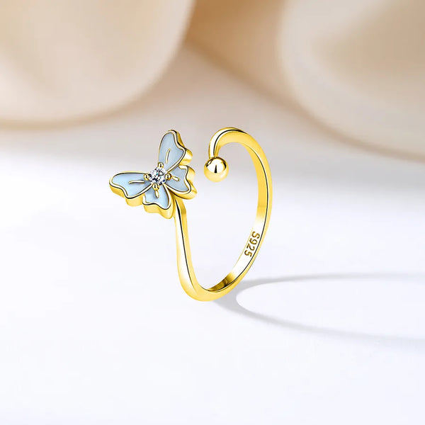 Blue Fairy Butterfly Ring Women's S925 Sterling Silver Elegant Simple Classic Style Open Finger Ring Gift Casual Daily Wear