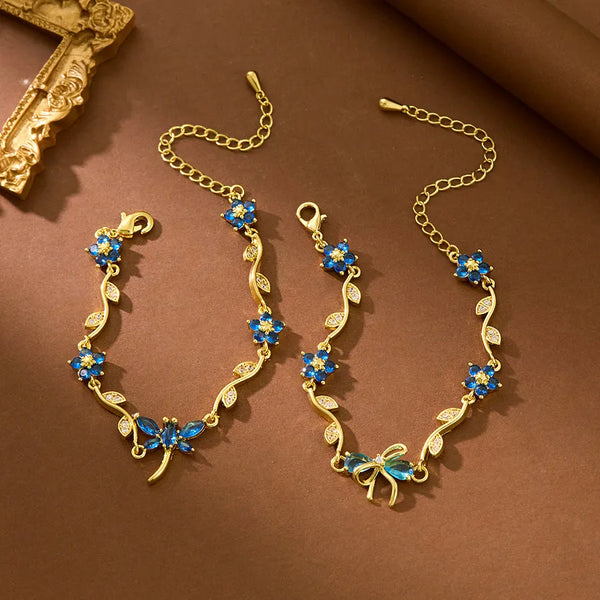 Women’s Flowers Bracelet in Copper with 18K Real Gold Electroplated Finish Featuring Zircon Inlay