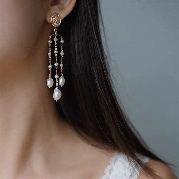 Handmade Elegant Natural Freshwater Baroque Pearl Long Tassel Earrings in Fairy Style—Perfect for Wedding Dresses & Ethnic-Style Jewelry for Women
