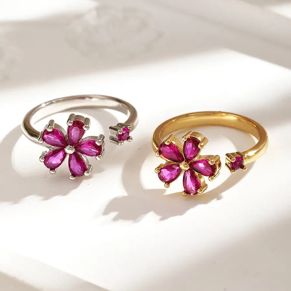 Elegant Sweet Ins Style Copper Water Plated Real Gold Micro Inlaid Zircon Flower Open Ring Suitable for Women Romantic
