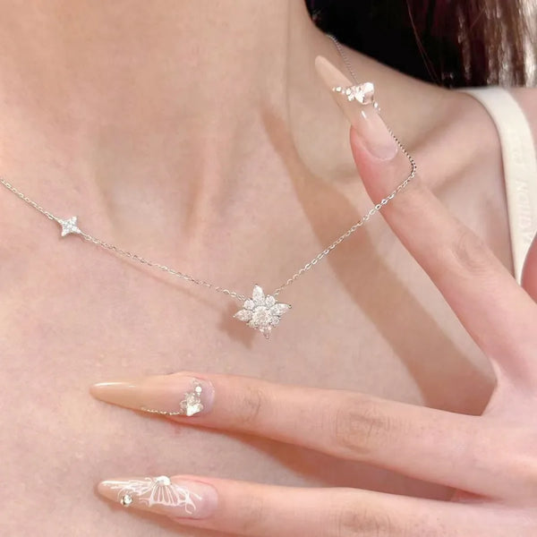 S925 Sterling Silver Star Necklace Women's High Carbon Diamond Sparkling Glittering Snowflake Pendant Luxury Choker Chain Gift
