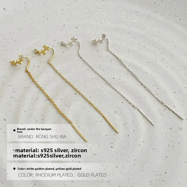 S925 Sterling Silver Star Shaped Dangle Earrings Women's Long Length Slimming Face Ins Style Fashion Jewelry Accessories