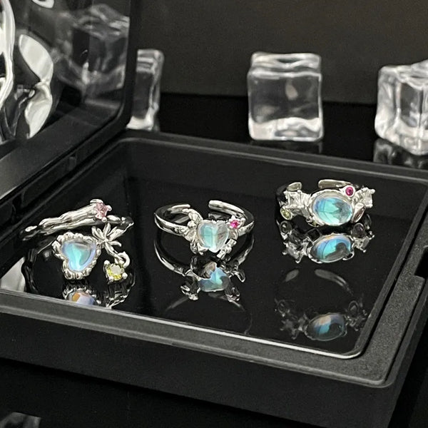 Copper Lady Inlay Heart Shape Bow Knot Artificial Gemstones Open Rings