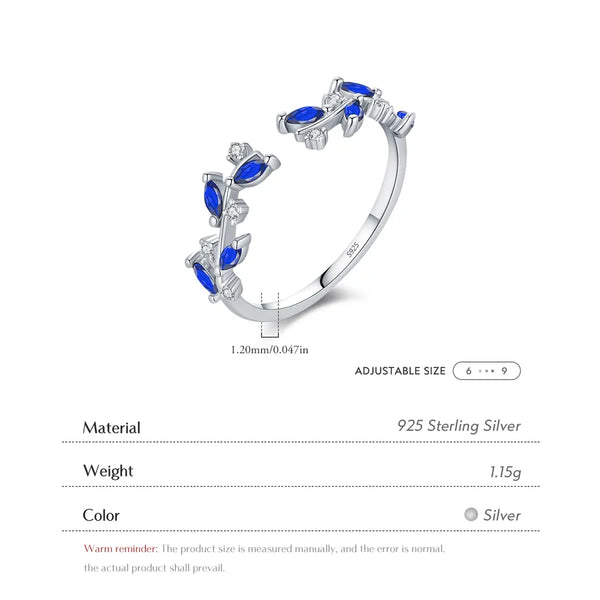 1 Piece 925 Sterling Silver Leaves Zircon Rhodium Plated Open Rings