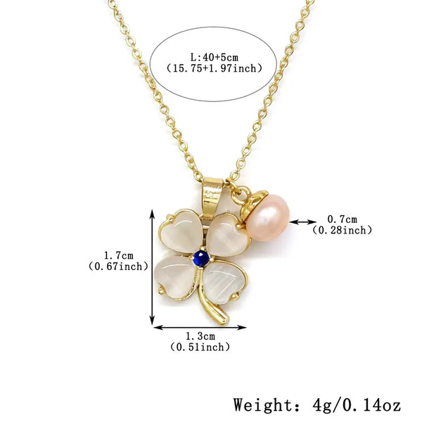 Natural Freshwater Pearl Cat's Eye Zircon Four-Leaf Clover Necklace Vintage Women's Party Wear Imitation Gold Plated Copper Water Plated Cable Chain