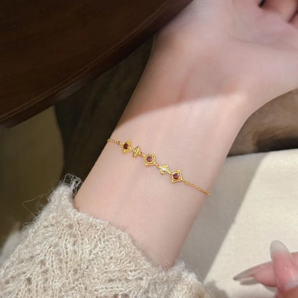 Rhombus Bracelet for Women in 925 Sterling Silver with 18K Real Gold Electroplated and Zircon Inlay