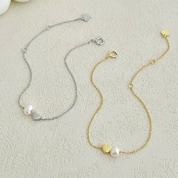 S925 Silver Heart Shaped Natural Pearl Bracelet For Women Simple Sweet Fashionable Gift For Girlfriend Hand Jewelry
