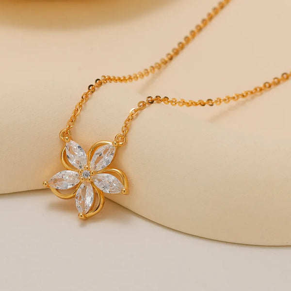 Flowers Necklace For Women in 925 Sterling Silver with 18K Real Gold Plated 0.03µm and Zircon Inlay on Box Chain