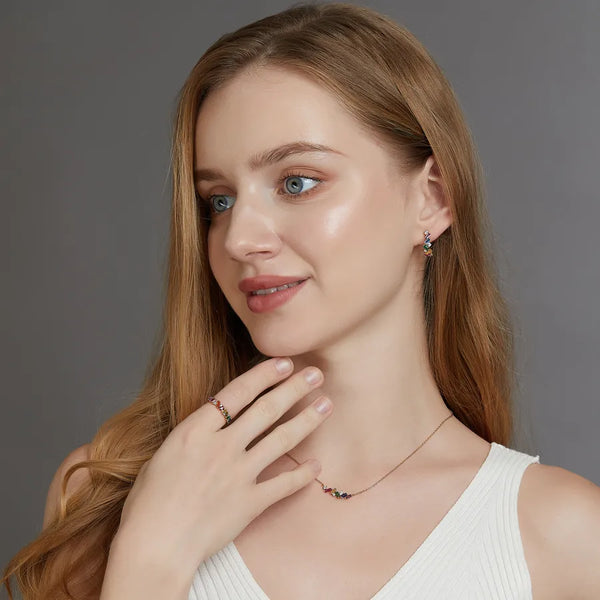 Fashionable Rainbow Zircon Ring S925 Silver Plated Real Gold Seven Color Ring Geometric Pattern Design Women's Style Jewelry