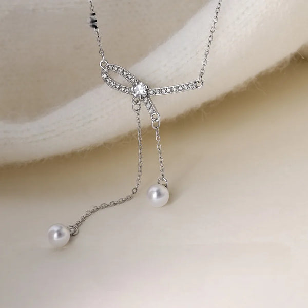 Asymmetrical Pendant Necklace for Women with White K Plated Copper and Artificial Pearl on Ball Chain, Electroplated Finish