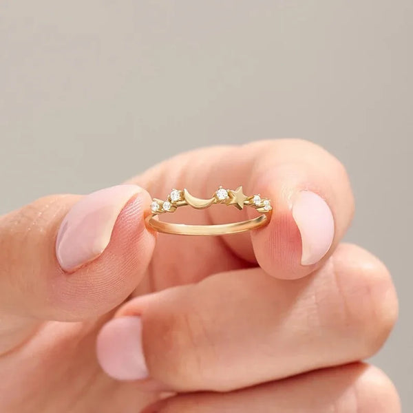 Moon Pattern 925 Sterling Silver Ring for Women with Zircon Inlay in Simple Style