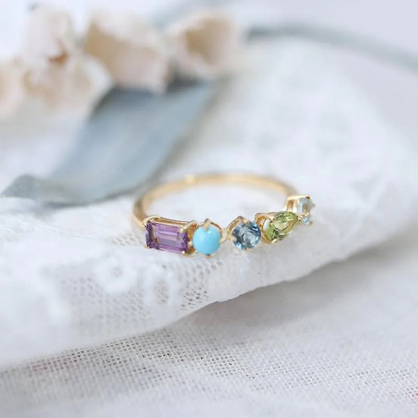 Natural Olive Stone Turquoise Blue Topaz Purple Quartz Multi Gemstone Geometric Gold Plated Adjustable Ring For Women