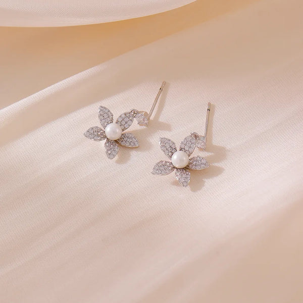 New Luxury Pearl Flower Embedded Earrings For Women Elegant Simple Style Fashion Jewelry 925 Sterling Silver Post Backs