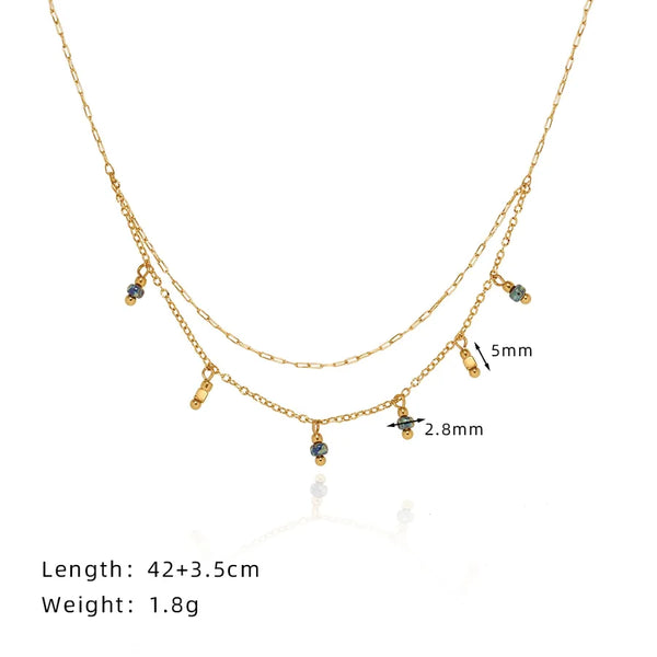 Wholesale Jewelry Vintage Style Geometric 304 Stainless Steel natural stone 18K Gold Plated Beaded Plating Double Layer Necklaces