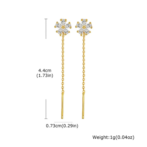Women's INS Style Shiny Luxurious Zircon Jewelry Copper Material Four-Leaf Clover Water Plated Imitation Gold Flower Ear Thread Gold