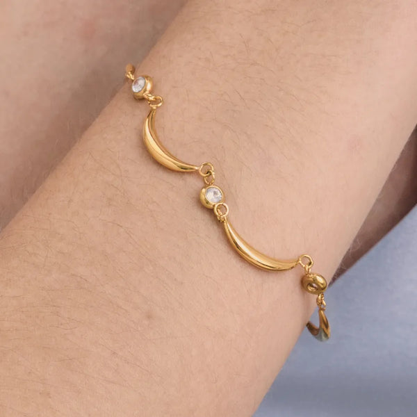 Moon Waterproof Non Tarnish Bracelet for Women in 304 Stainless Steel with 18K Real Gold Plated PVD Coating and Zircon Inlay