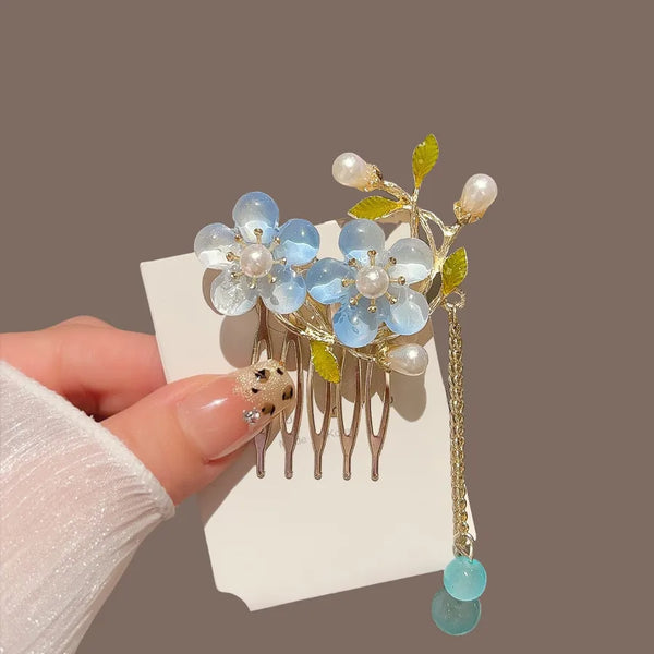 New Bohemian Style Peach Blossom Pearl Tassel Hair Comb Versatile Ancient Chinese Fashion Side Hair Clip Hanfu Hairpin