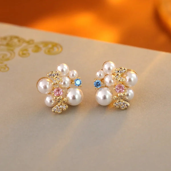 Elegant Simple Sea Blue Zircon Micro-Set Pearl Flower Ball Stud Earrings Luxury Feelings Fashionable Women's Jewelry Accessories