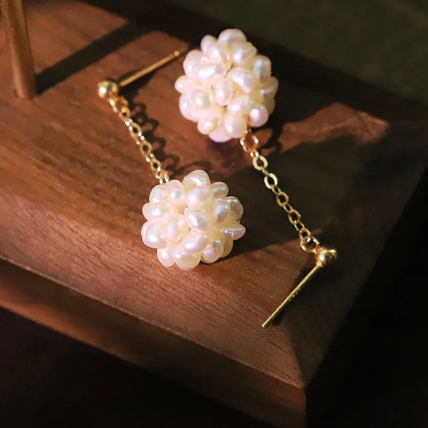 Original White Natural Pearl Ball Earrings for Women, Elegant and Gentle Earrings, Fresh and Sweet with a High-End Feel, 18K Gold Plated Real Gold Drop Earrings Jewelry