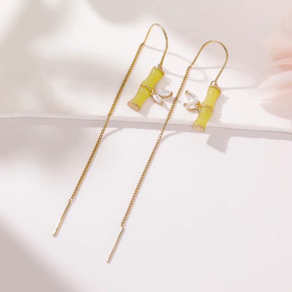 1 Pair Classical Romantic Bamboo Copper Zircon 14K Gold Plated Dangling Earrings