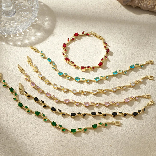 Polished Leaf Bracelet for Women with Handmade Chain, Copper Base, 18K Gold Plated and Rhinestone Inlay