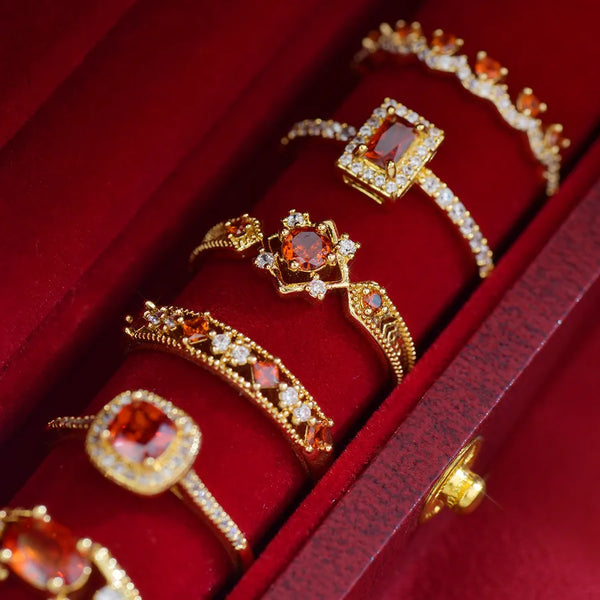 Elegant French Design A571 Open Ring With Precious Zirconia Stone In Ruby Red Color For Women Geometric Pattern Copper Jewelry