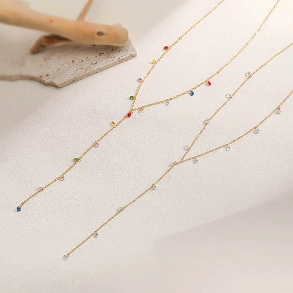 Elegant Long Tassel Necklace Copper Inlaid Colorful Diamond Round Splicing Y-Shaped Lockbone Chain Luxury Women's Jewelry
