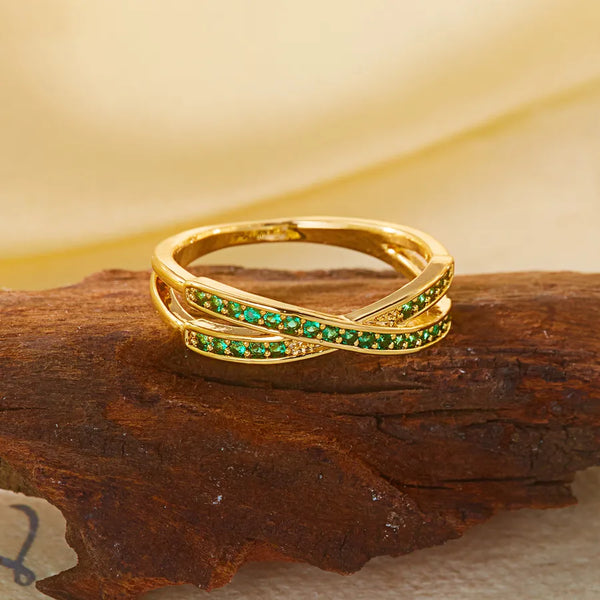 Women’s Crossover Rings with Zircon Inlay, Copper Base Featuring KC Golden Water Plated Bezel Setting