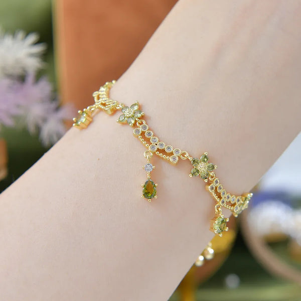 Adjustable A306 Original Design Copyright Flower Full Embedded Zirconia Waterdrop Pull Out Purple Olive Green Zircon Bracelet