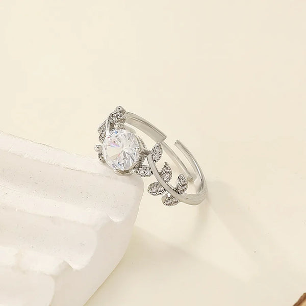 Copper Vintage Style Simple Style Inlay Leaves Zircon Adjustable Ring