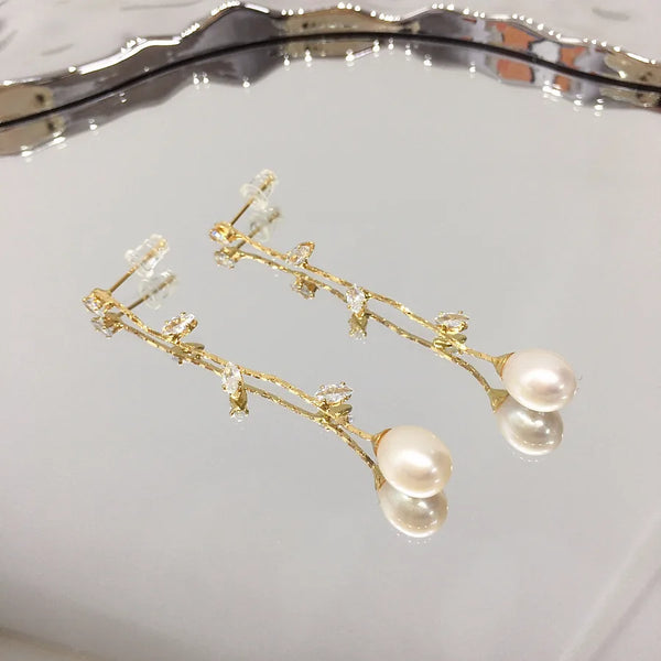 high quality Natural Freshwater Pearl Earrings Women's Exquisite Willow Zircon Pearl Earrings S925 Sterling Silver Ear Pin Earrings