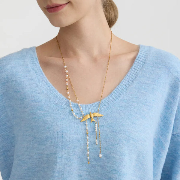 Women's Style - Elegant and Graceful / 18K Gold Stainless Steel + Glass Pearl / Swallow Bird Pendant Pearl Tassel Long Sweater Chain Necklace 56+5CM