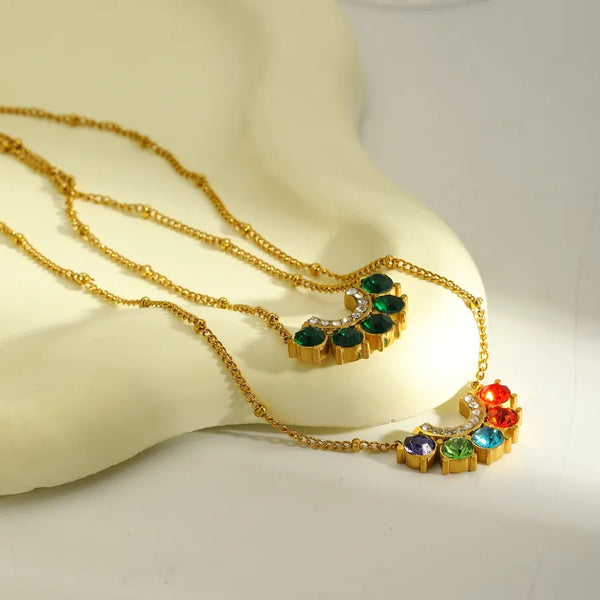 18K Gold Plated 304 Stainless Steel Vacuum Electroplating (In Furnace) Zircon Semi-Circular Electroplating Inlaid Cable Chain/Cross Chain/O Chain Pendant Necklace for Women