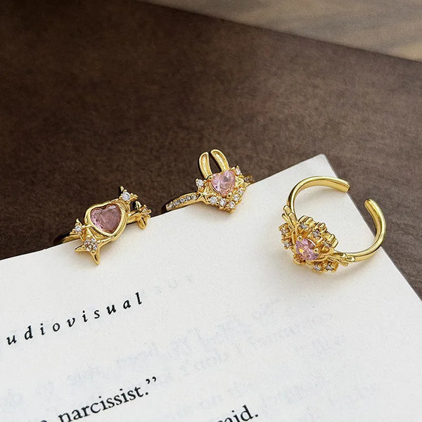 Pink Heart-Shaped Zircon Rabbit Wing Open Ring Finger Stacking Copper Jewelry Suitable for Girls Animal Heart Shape
