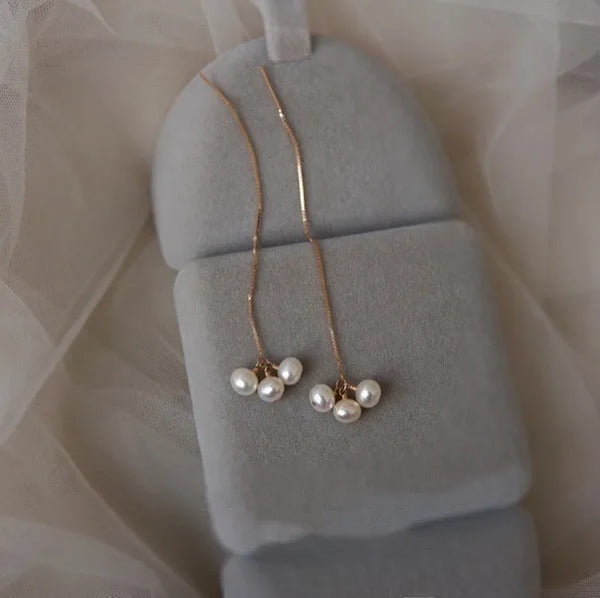 Handmade Natural Shiny Freshwater Pearl Earrings 14K Gold Plated Long Line Elegant Women's Jewelry Wedding Simple Style