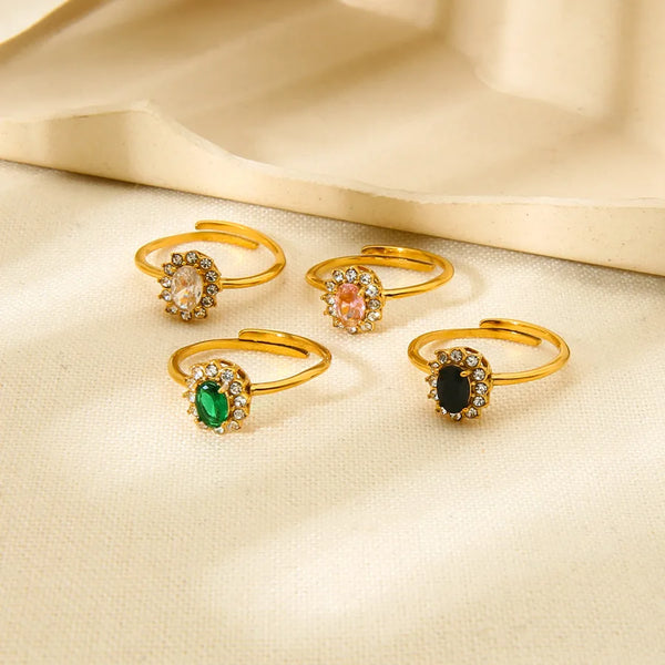 Light Luxury Oval Zircon Ring Adjustable Open Design 18K Gold Plated Stainless Steel Ring for Women