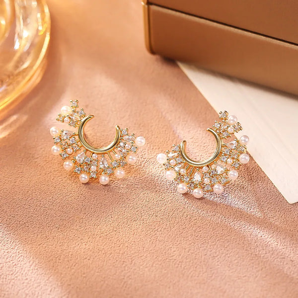 Elegant Micro-Set Zircon Silver Needle Hoops French Vintage Small Bead Half-Moon Earrings Luxury Women's Jewelry Accessories