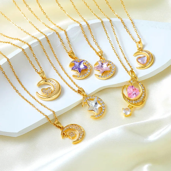 For Women Casual Fashion Commuter Necklace Featuring Moon Element with Copper Zircon Pendant and Cross Chain, 41-50cm,  Spring
