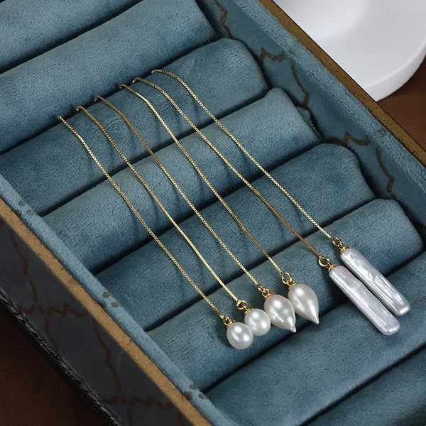 1 Pair Gold Plated 925 Sterling Silver Freshwater Pearl Geometric Ear line