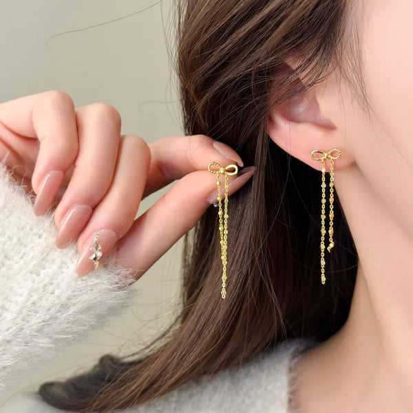 Bow Tie Stud Earrings for Women in 925 Sterling Silver with Tassel Craft and 18K Real Gold Electroplated Plating