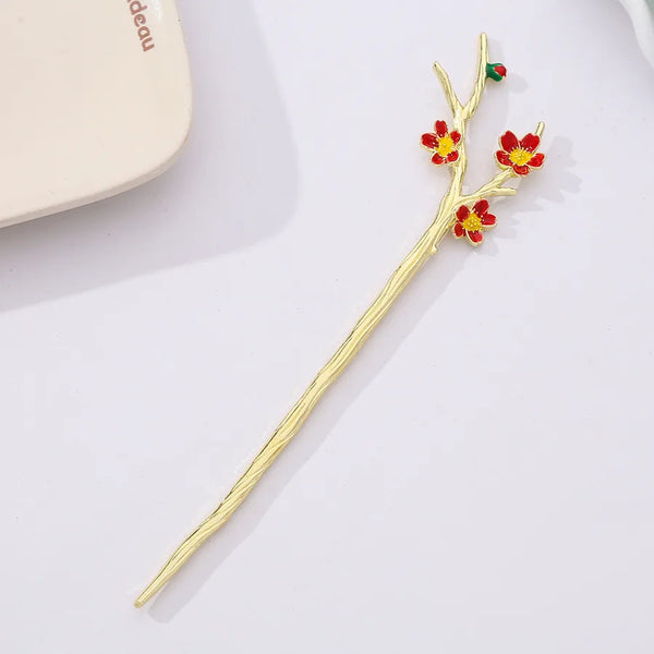 Chinoiserie Flowers Hair Sticks in Red Metal, Elegant Hair Accessories for Spring