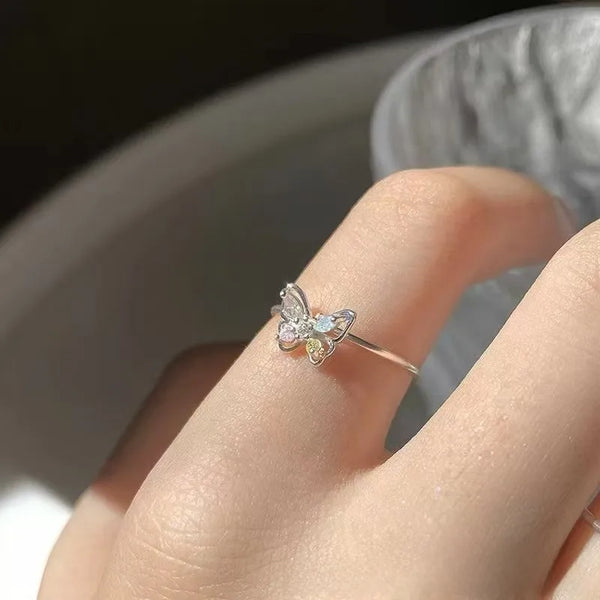 S925 Sterling Silver Butterfly Ring Colorful Diamond Open Design Fashionable Geometric Pattern Unisex Luxury Index Finger Ring