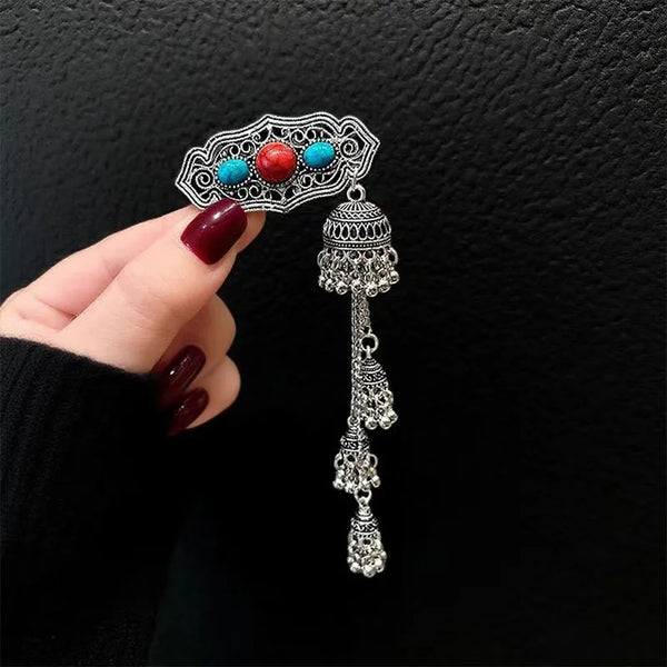 Ethnic Style Tassel Hair Claw for Women in Blue with Zinc Alloy and Turquoise Inlay