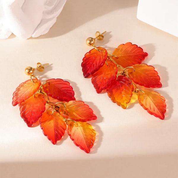 Pair of Simple Style Autumn Winter 18k Real Gold 304 Stainless Steel Glass Orange Red Gradient Leaf Earrings Pastoral Style