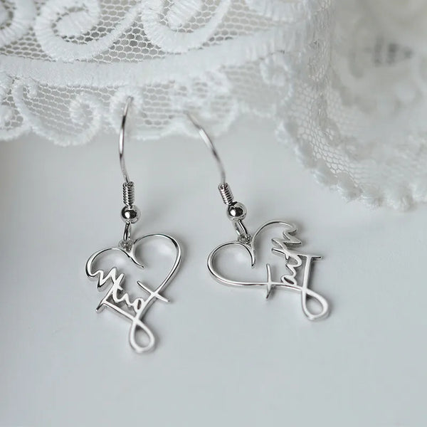 1 Pair 925 Sterling Silver Letter Heart Shape Drop Earrings
