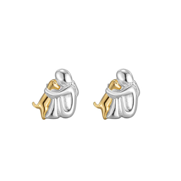 S925 Sterling Silver Little Girl And Dog Embrace Fashion Simple Design Contrast Color Ear Rings Irregular Pattern Office Suitable