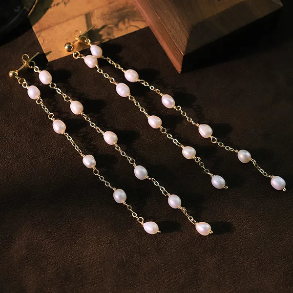 Natural Pearl Chain Tassel Earrings for Women S925 Silver Needle Earrings Plated with 18K Gold Color Retention Jewelry