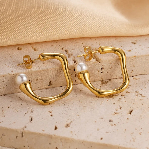 1 Pair Vacation Modern Style C Shape Square Plating Inlay 304 Stainless Steel Pearl 14K Gold Plated Earrings
