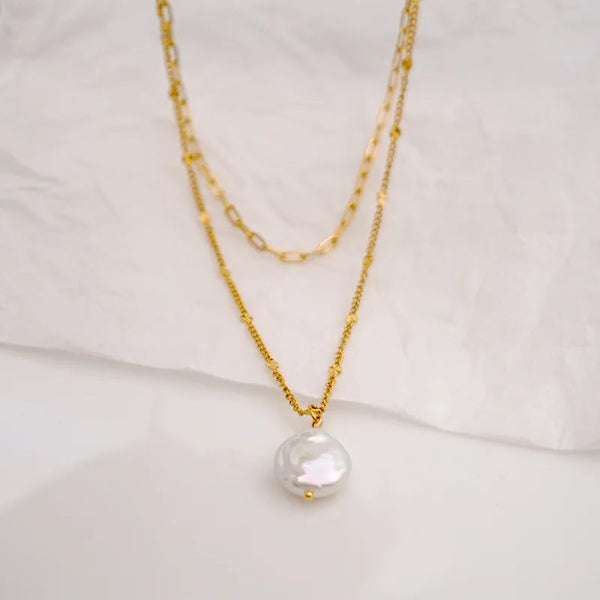 Titanium Steel Gold Plated Retro Pearl Square Layered Necklaces